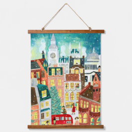 Illustrative London Stadt im Schnee Weihnachten Wandteppich Mit Holzrahmen