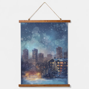Illustrative New Yorker Stadt in der Schneenacht Wandteppich Mit Holzrahmen