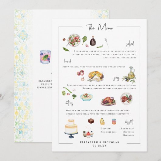 Illustriert Bespoke | Hochzeitmenü Menükarte (Vorne/Hinten)