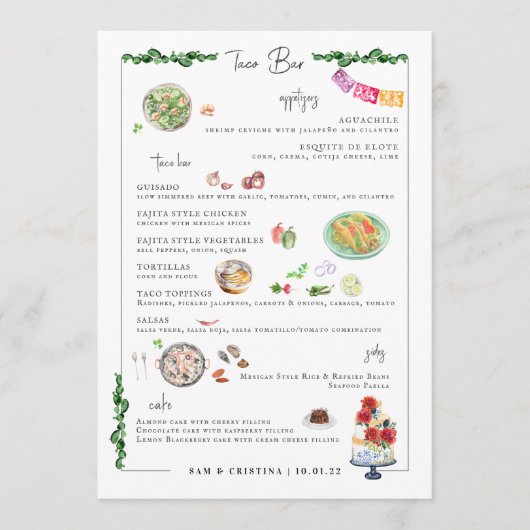 Illustriert Bespoke | Taco Bar Wedding Menu Menükarte (Vorderseite)