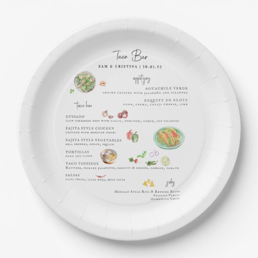 Illustriert Bespoke | Taco Bar Wedding Menu Pappteller (Vorderseite)