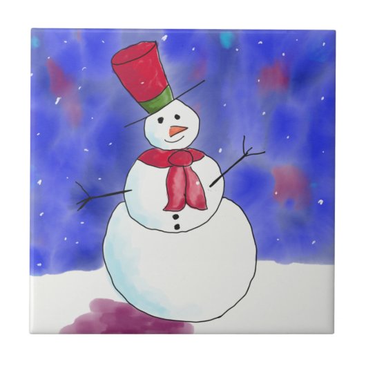 Illustriert Happy Snowman Weihnachten Fliese (Vorderseite)