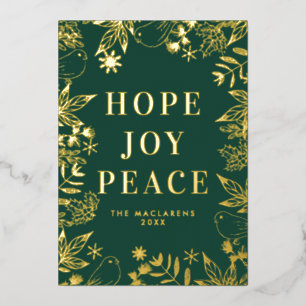 Illustriert Hope Joy Peace Green und Gold No Foto Folien Feiertagskarte