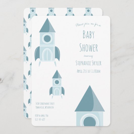 Illustrierte Blue Rocket Ship Babydusche Einladung (Vorne/Hinten)