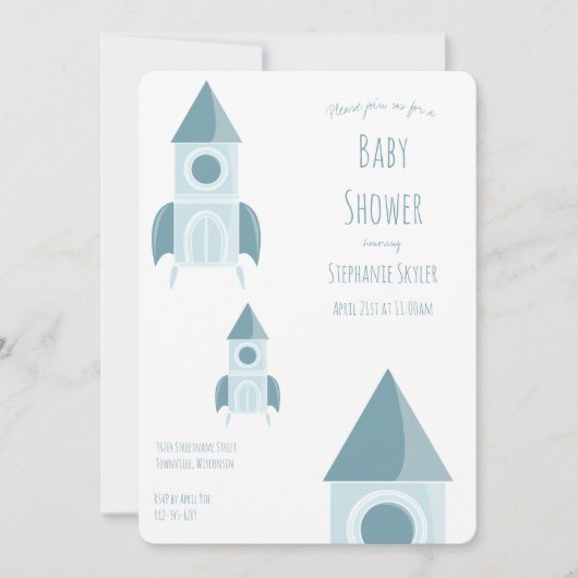 Illustrierte Blue Rocket Ship Babydusche Einladung (Vorderseite)