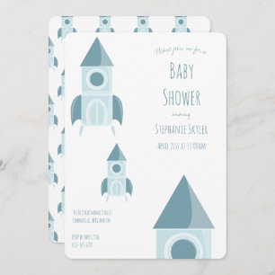 Illustrierte Blue Rocket Ship Babydusche Einladung