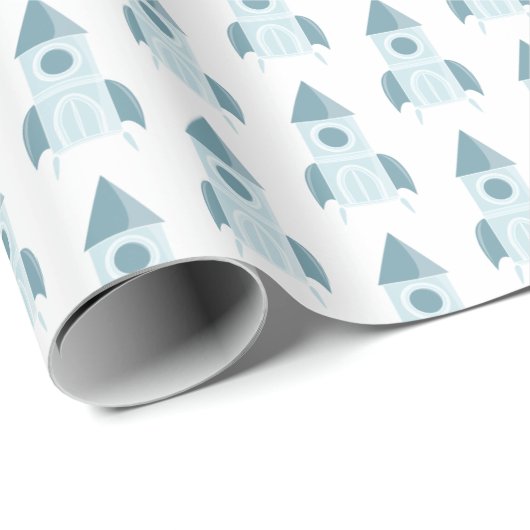 Illustrierte Blue Rocket Ship Babydusche Geschenkpapier (Rolleneckpunkt)