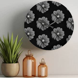 "Illustrierte Blume in Schwarz-Grau-Muster" Große Wanduhr