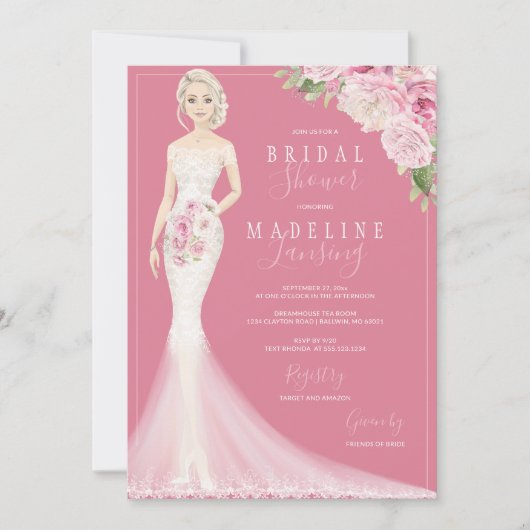 Illustrierte Braut im Spitzen-Gown-Brautparty Einladung (Vorderseite)