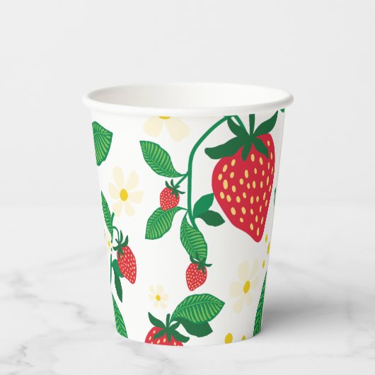 Illustrierte Erdbeere mit Blätter und Blüten Pappbecher (Rückseite)