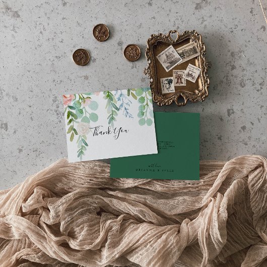 Illustrierte farbenfrohe tropische Flora-Hochzeit Dankeskarte