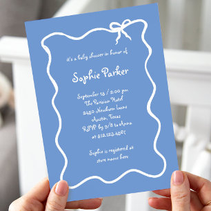 Illustrierte französische Bow Blue and White Baby Einladung