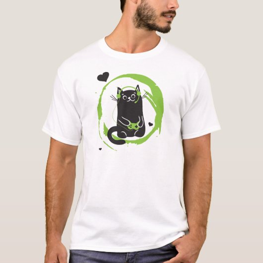 Illustrierte Gamer-Katze T-Shirt (Vorderseite)