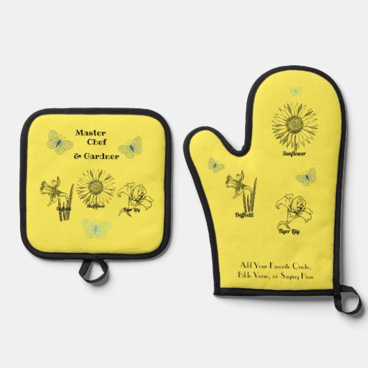 Illustrierte Gelbblumen Ofenhandschuh & Topflappen-Set (Vorderseite)