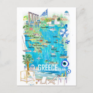 Illustrierte Griechenland-Reisekarte im Mittelmeer Postkarte