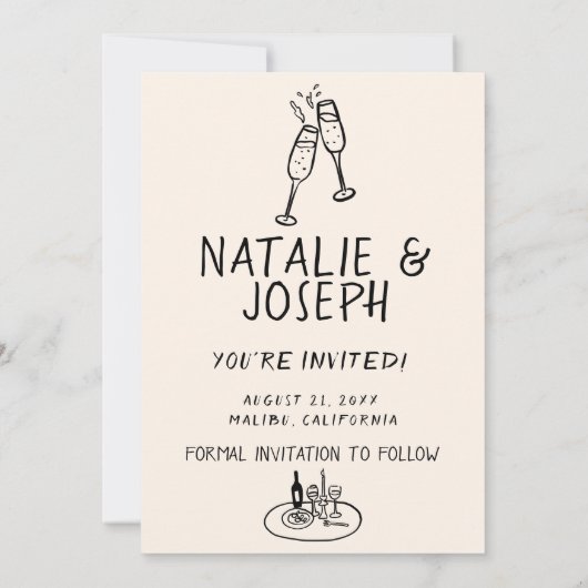 Illustrierte handgeschriebene Retro Quirky Fun Wed Save The Date (Rückseite)