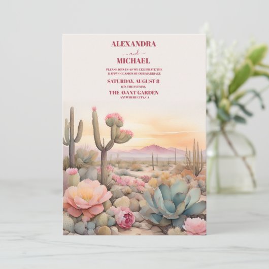 Illustrierte Hochzeit der Wüstenkaktus Einladung (Stehend Vorderseite)