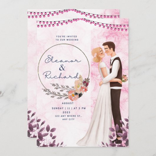 Illustrierte Hochzeit in Rosa Einladung (Vorne/Hinten)