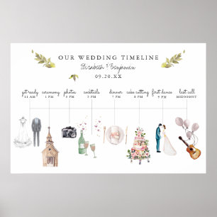 Illustrierte Hochzeits-Itinerary-Zeitplan-Willkomm Poster