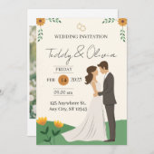 Illustrierte Hochzeitseinladungskarte mit floralen Save The Date (Vorne/Hinten)