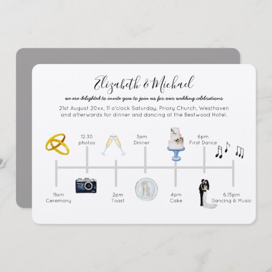 Illustrierte Hochzeitzeiteinladung Einladung (Vorne/Hinten)