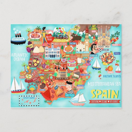 Illustrierte Karte Spaniens Postkarte () (Vorderseite)
