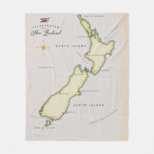 Illustrierte Karte von Neuseeland Fleecedecke