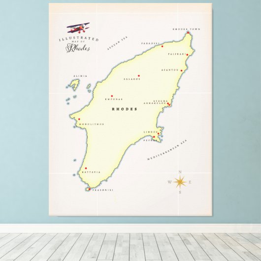 Illustrierte Karte von Rhodos. Leinwanddruck (Insitu (Holzboden))