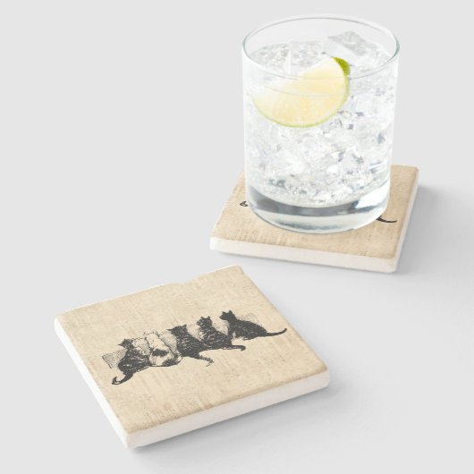 Illustrierte Kätzchen mit Tan Script Hintergrund Steinuntersetzer (Seitenansicht)