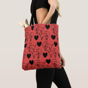 Illustrierte Katzen und Herzen rotes Muster Tasche