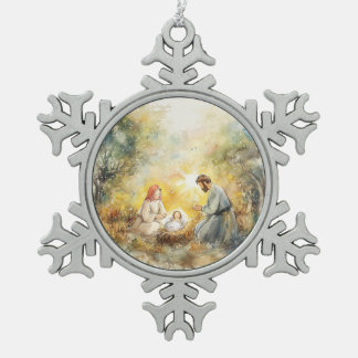 Illustrierte Krippe | Schneeflocken Zinn-Ornament