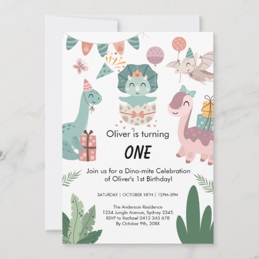Illustrierte Kunst, Pastelfarbe Dinosaurier Brithd Einladung (Vorderseite)