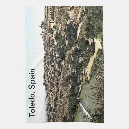 Illustrierte Landschaft Kunst Toledo, Spanien Geschirrtuch (Vertikal)