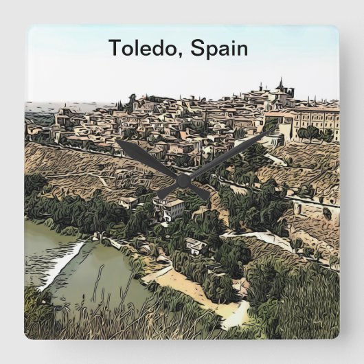 Illustrierte Landschaft Kunst Toledo, Spanien Quadratische Wanduhr (Vorderseite)
