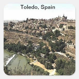 Illustrierte Landschaftskunst von Toledo, Spanien Quadratischer Aufkleber
