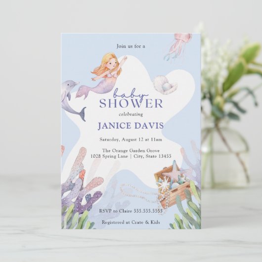 Illustrierte Mermaid Baby Dusche Einladung (Stehend Vorderseite)