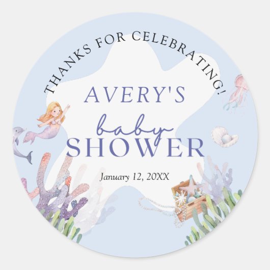 Illustrierte Mermaid Baby Dusche Vielen Dank Runder Aufkleber (Vorderseite)