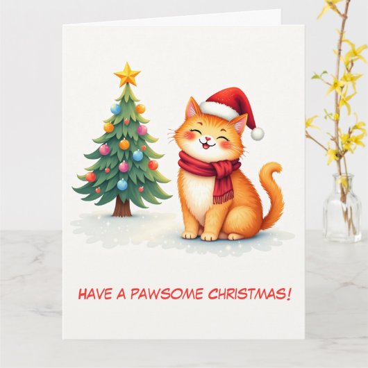 Illustrierte Niedliche Orangenkatze und Weihnachts Karte (Gelbe Blume)