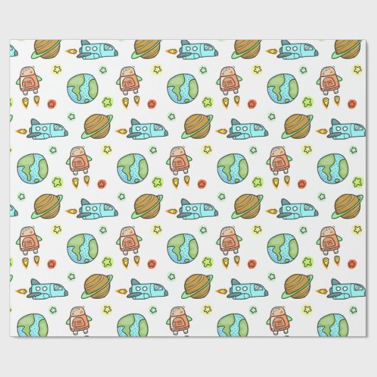 Illustrierte Raketen in Weltraummustern Geschenkpapier (Flach)