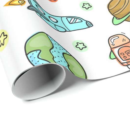 Illustrierte Raketen in Weltraummustern Geschenkpapier (Rolleneckpunkt)