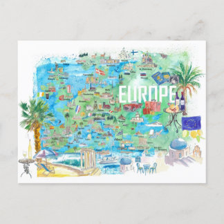 Illustrierte Reisekarte Europa Postkarte