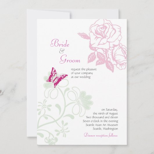 Illustrierte Rose & Butterfly Frühjahrssonne Einladung (Vorderseite)