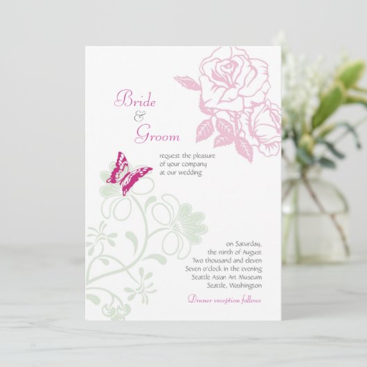 Illustrierte Rose & Butterfly Frühjahrssonne Einladung (Stehend Vorderseite)