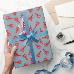 Illustrierte Rote Hummer auf Hellgrau-Blau Geschenkpapier
