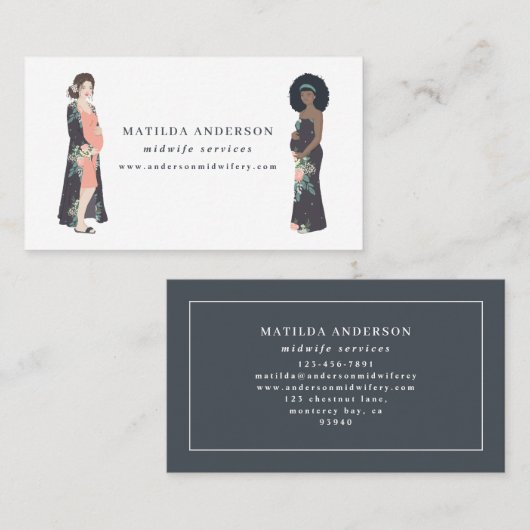 Illustrierte schwangere Mamma bunt + Blumenhebamme Visitenkarte (Vorne/Hinten)