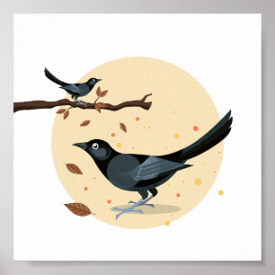 Illustrierte Schwarze Vögel im Herbst Poster