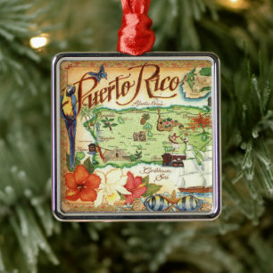 Illustrierte Vintage-Karte von Puerto Rico Ornament Aus Metall