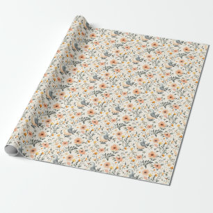 Illustrierte Vögel und Blume auf Off-White Geschenkpapier