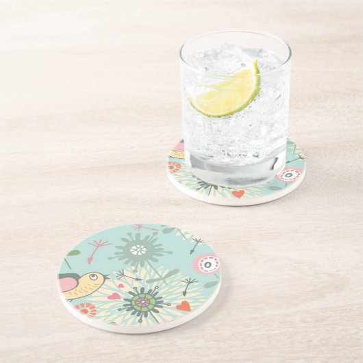 Illustrierte Vögel und Frühlingsblumen Sandstein Untersetzer (Seite)