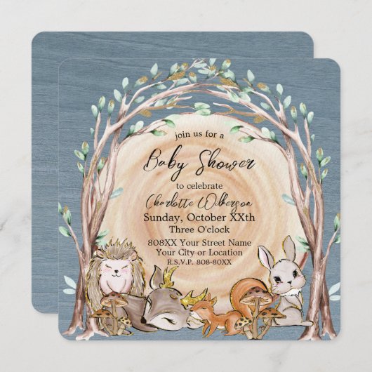 Illustrierte Waldtiere Kinderdusche Einladung (Vorne/Hinten)